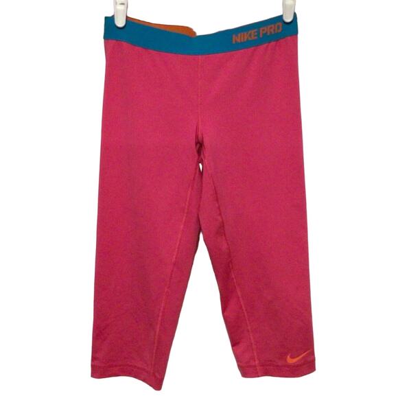 Nike Pro Women’s Athletic Workout Leggings Pink Teal Orange Stretch Pants Size M - Picture 1 of 5